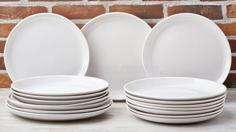 This setting features a visually appealing arrangement of clean plates and bowls stacked on each other against a white stock photography