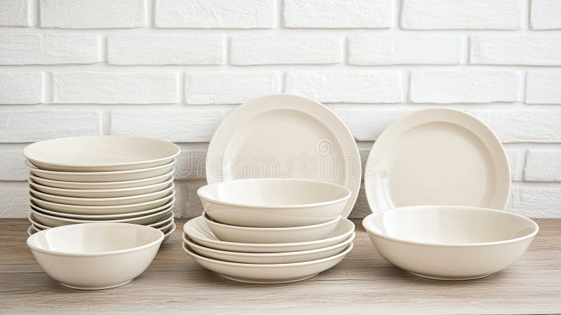 This setting features a visually appealing arrangement of clean plates and bowls stacked on each other against a white stock photography