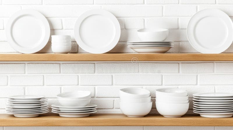 This setting features a visually appealing arrangement of clean plates and bowls stacked on each other against a white stock photos