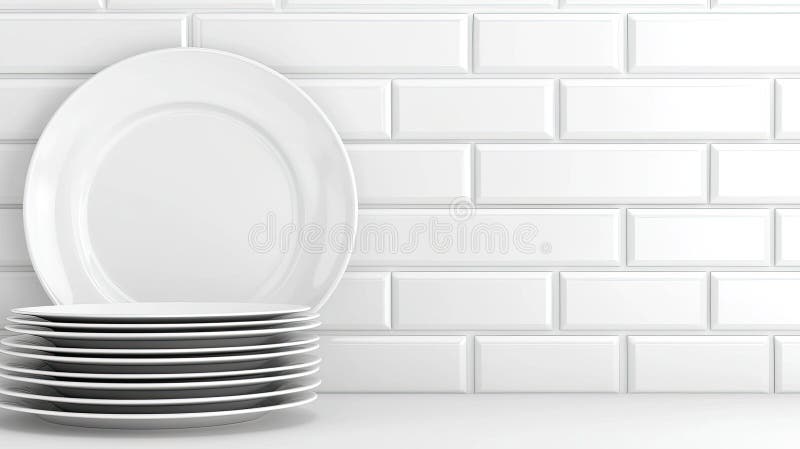 This setting features a visually appealing arrangement of clean plates and bowls stacked on each other against a white stock photo
