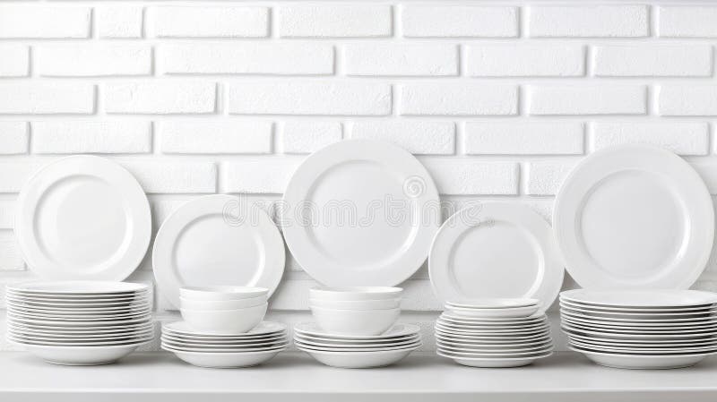 This setting features a visually appealing arrangement of clean plates and bowls stacked on each other against a white stock image