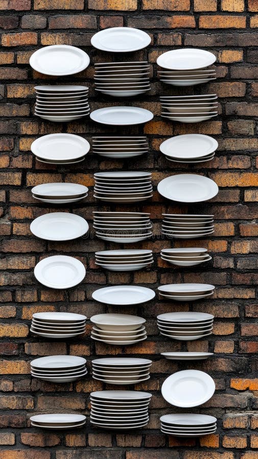 This setting features a visually appealing arrangement of clean plates and bowls stacked on each other against a white stock image