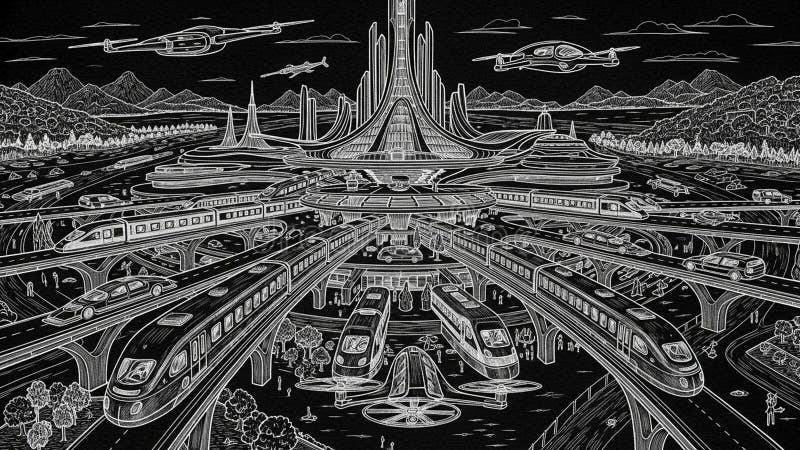 The setting includes a mountainous horizon and tree-filled landscape vector illustration