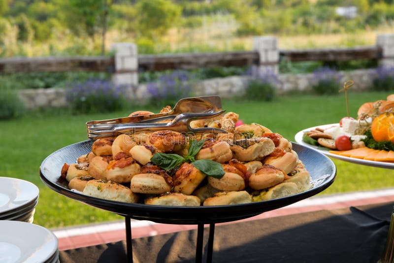 Setting of the Table with Food for Breakfast, Bread, Beverage, Shallow Focus, Cafe, Hotel Buffet