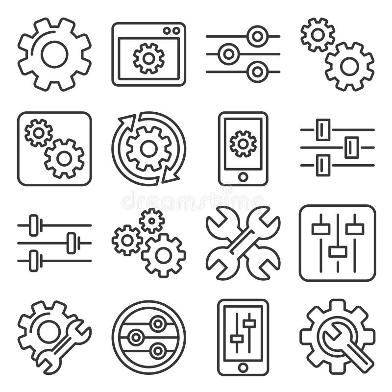 Settings, Options, Configuration or Preferences Icons Set. Line Style Vector