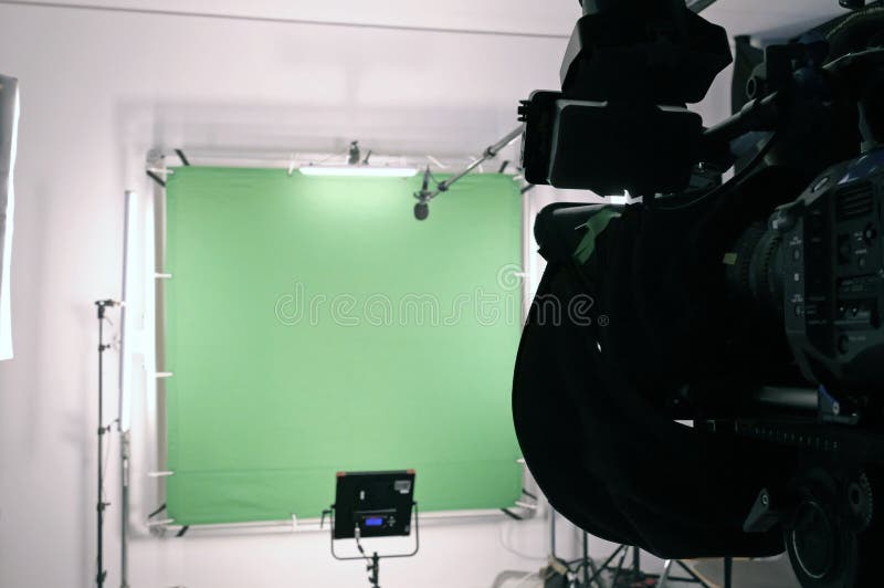 TV Studio with Green Screen, Lights, and Camera Stock Image Image of