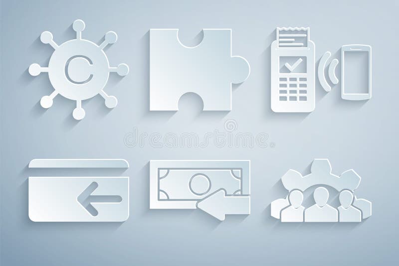 Setzen Sie Cash Back Pos Terminal Projekt Team Grundstück Puzzle und Copywriting Netzwerk Symbol. Vektor vektor abbildung