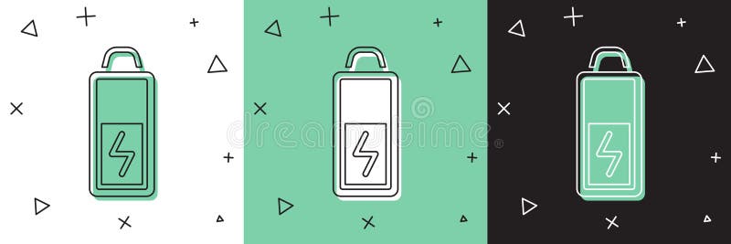 Setzen Sie das Akkusymbol auf weißem und grünem schwarzem Hintergrund.. Blitzsymbol. Vektor lizenzfreie abbildung