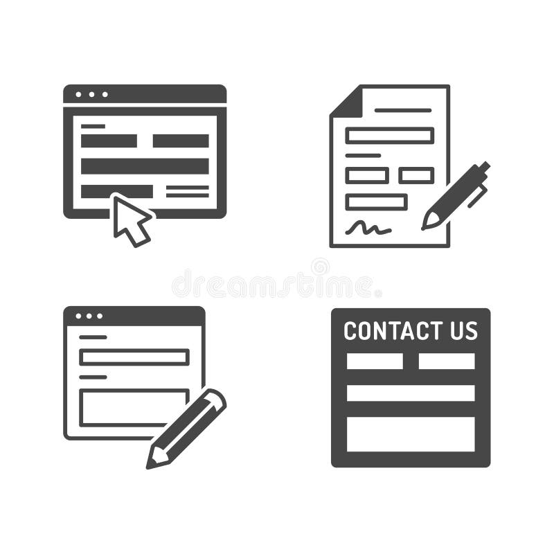 Contact us flat glyph icons. Vector illustration included icon as registration form, silhouette pictogram of web page with blank box and pencil. Contact us flat glyph icons. Vector illustration included icon as registration form, silhouette pictogram of web page with blank box and pencil.
