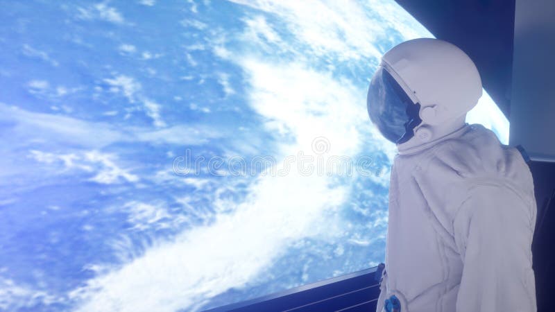 Seul astronaute dans l'int?rieur futuriste Vue de pi?ce de Sci fi de la terre rendu 3d illustration libre de droits Seul astronaute dans l'int?rieur futuriste Vue de pi?ce de Sci fi de la terre rendu 3d illustration libre de droits