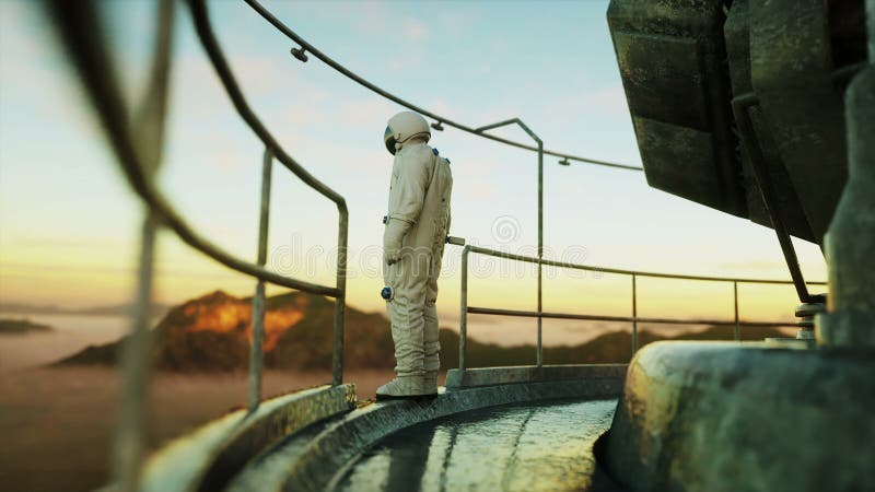 Seul astronaute sur la planète étrangère Martien sur à base métallique Futur concept 4K