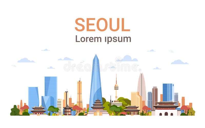 Seul miasta tła linii horyzontu Południowego Korea widok Z drapaczami chmur I Sławnym punktu zwrotnego szablonu sztandarem Z kopi ilustracji Seul miasta tła linii horyzontu Południowego Korea widok Z drapaczami chmur I Sławnym punktu zwrotnego szablonu sztandarem Z kopi ilustracji