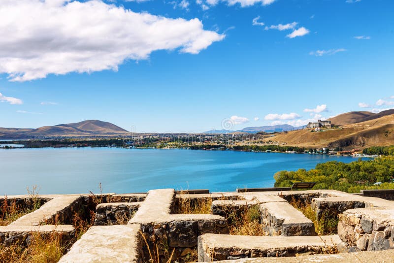 Sevan lake and white clouds blue sky on a sunny day, Armenia stock image Sevan lake and white clouds blue sky on a sunny day, Armenia stock image
