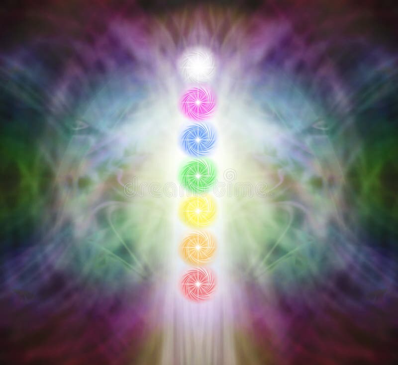 The Seven Chakra Vortexes in a Pranic Energy Field stock illustration The Seven Chakra Vortexes in a Pranic Energy Field stock illustration