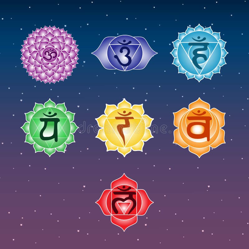 seven colorful chakras anahata ajna sahasrara muladhara swadhisthana manipura vishuddha on space blue and purple sky star symbol royalty free illustration seven colorful chakras anahata ajna sahasrara muladhara swadhisthana manipura vishuddha on space blue and purple sky star symbol royalty free illustration