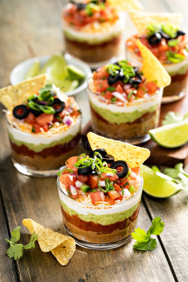 Seven Layer Dip in Individual Cups, Mexican Appetizer Stock Image