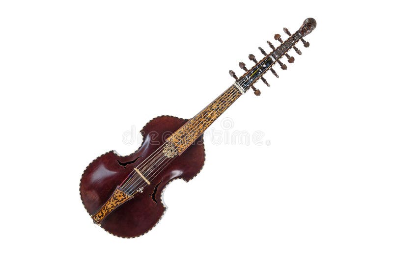 Seven stringed viola d`amore with sympathetic strings, dark wooden body, inlays and a carved child head, the musical instrument