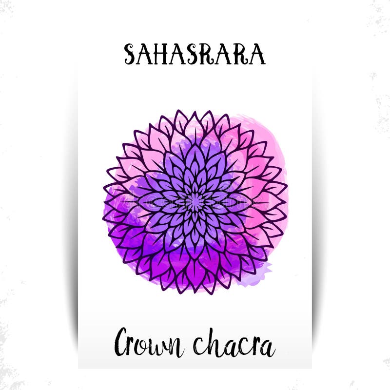 Seventh, crown chakra - Sahasrara. Illustration of one of the seven chakras. The symbol of Hinduism, Buddhism. Violet watercolor vector illustration Seventh, crown chakra - Sahasrara. Illustration of one of the seven chakras. The symbol of Hinduism, Buddhism. Violet watercolor vector illustration