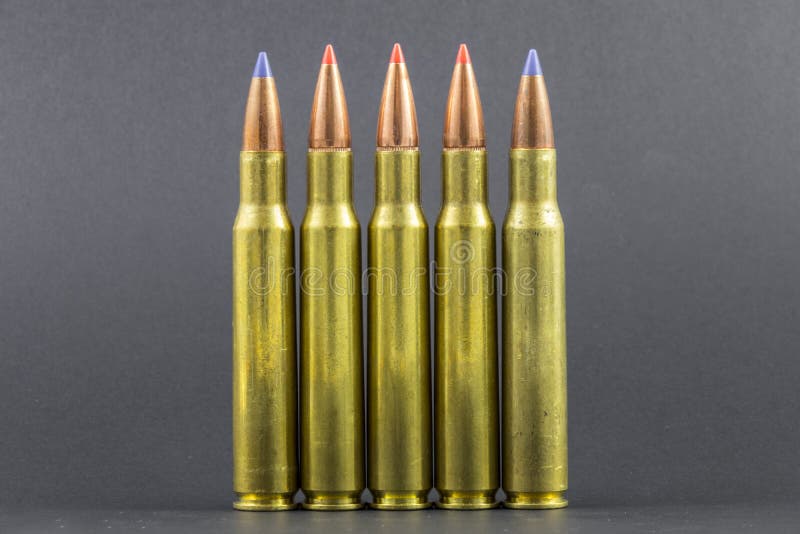Several Ballistic Tip Rifle Rounds in a row. Types conflict stock images, royalty-free photos and pictures