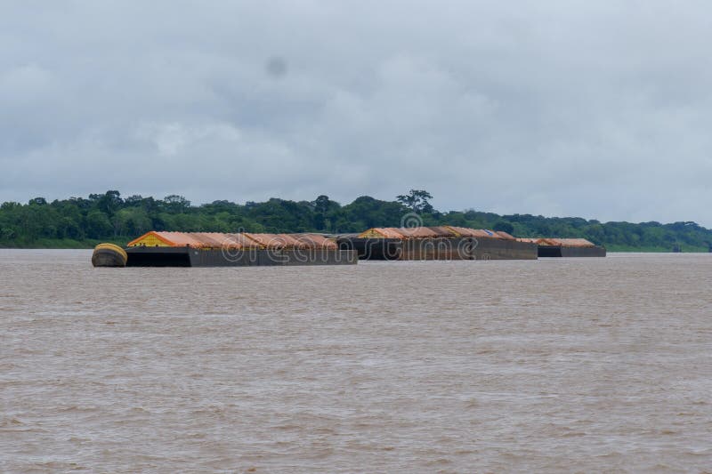 Several Barges Carrying Grain on the Amazon River in Brazil Stock Photo