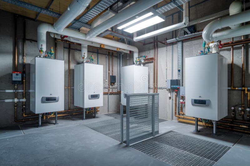 Boiler room housing modern heating system with pipes and control panel vector illustration