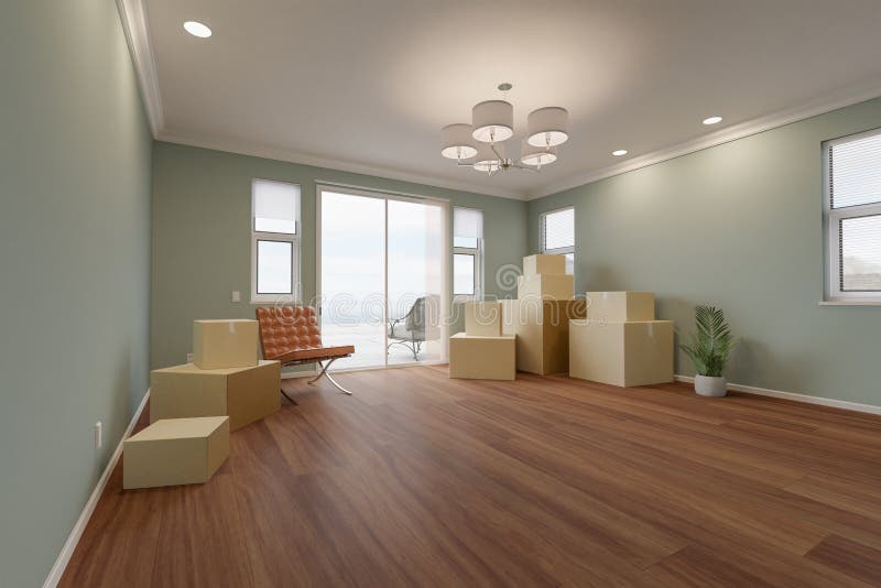 Several Cardboard Moving Boxes, Chair and Plant on Floor of Empty Room