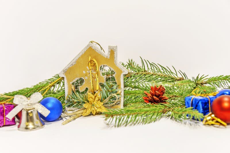 Several christmas decoration on green pine tree on white royalty free stock photo Several christmas decoration on green pine tree on white royalty free stock photo