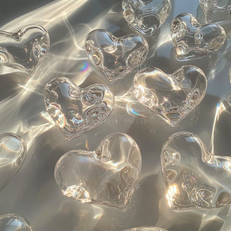 Several clear glass or ice hearts in scattered pattern on reflective surface in sunlight, intricate reflections and stock photo