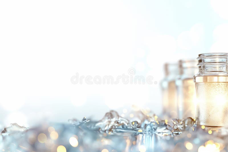 Several clear jars containing a liquid are positioned on a glossy surface, surrounded by ice and gentle light royalty free stock photos