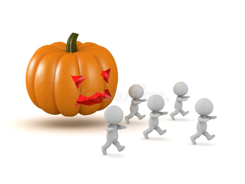 Several 3D Character Running Away From a Large Jack-O-Lantern stock illustration