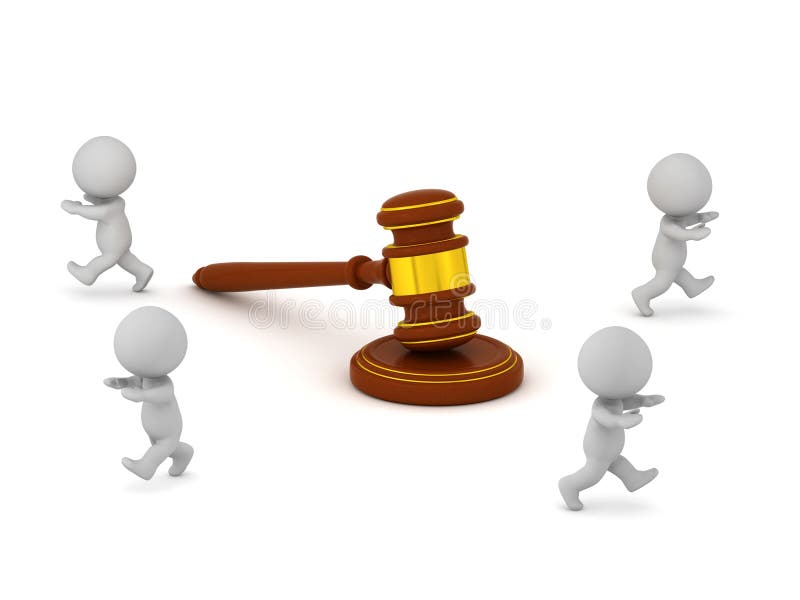 Several 3D Characters Running Away from The Law as Wooden Gavel royalty free illustration
