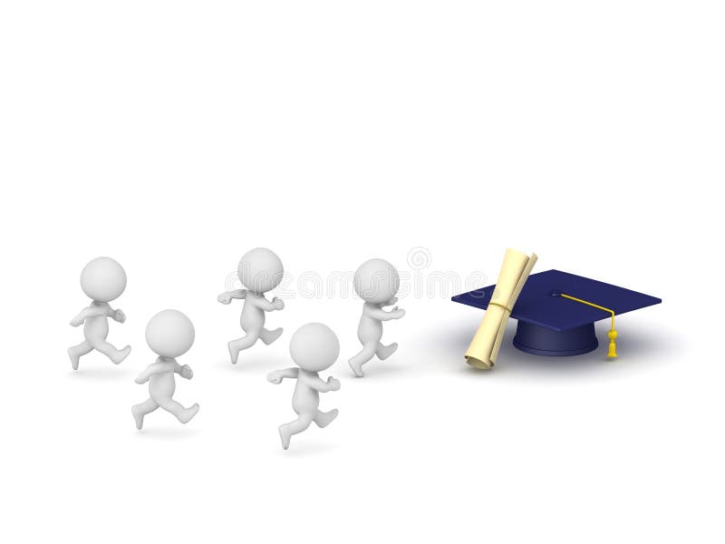 Several 3D Characters Running To Get a Graduation Diploma royalty free illustration