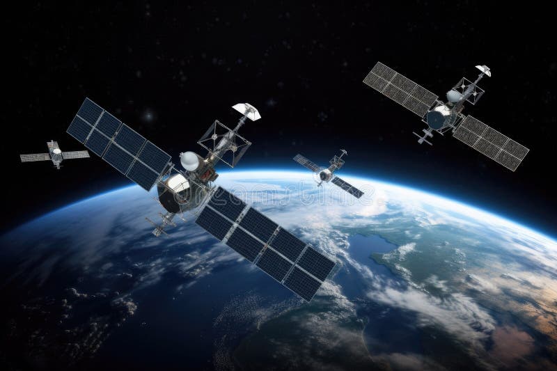 Several large space satellites orbiting the earth. Generative AI royalty free illustration