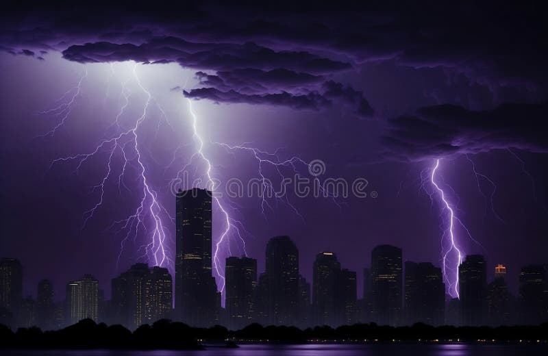 several lightning strikes during a strong thunderstorm over the city created with generative ai