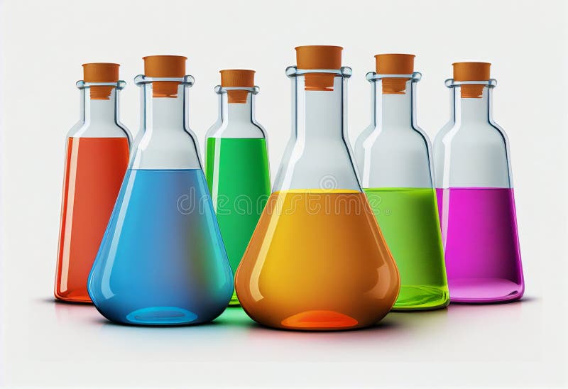 Several Medical Glass Flasks with Multicolored Liquid on a White