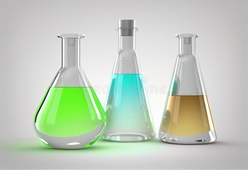 Several Medical Glass Flasks with Multicolored Liquid on a White
