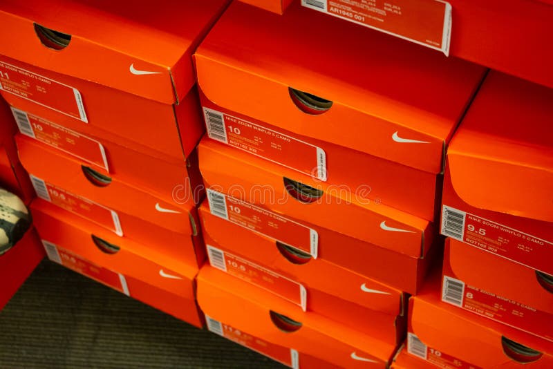 Nike shoe boxes editorial stock photo. Image of logo - 175627648