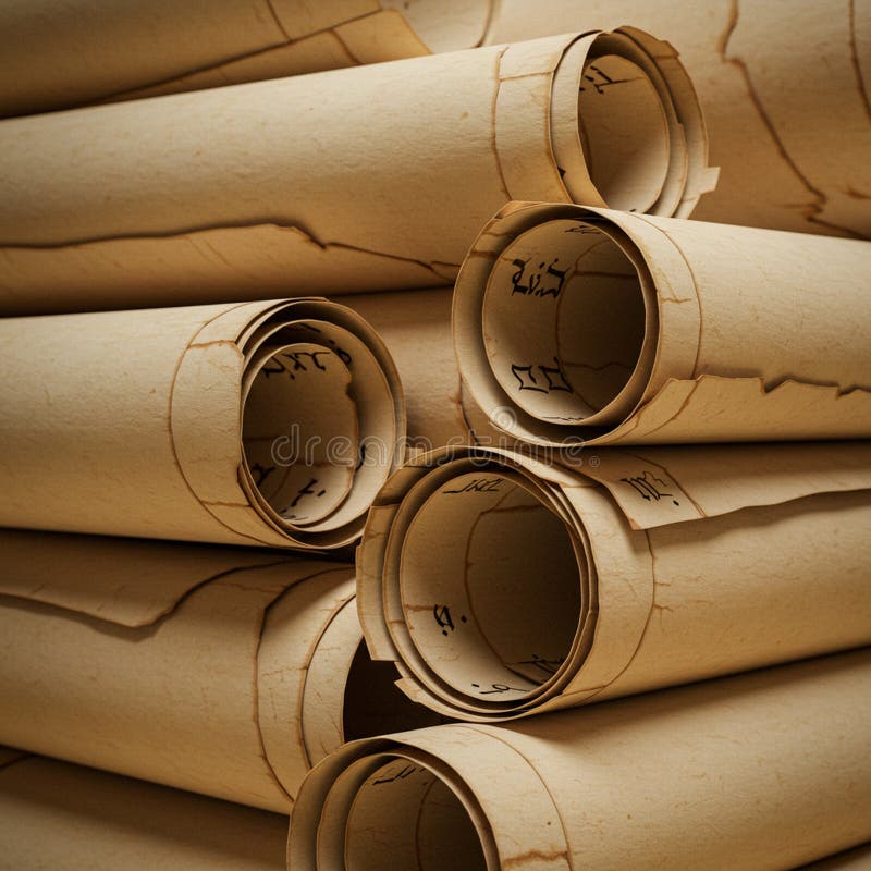 Several rolled parchment scrolls with aged, brown paper featuring written characters royalty free illustration