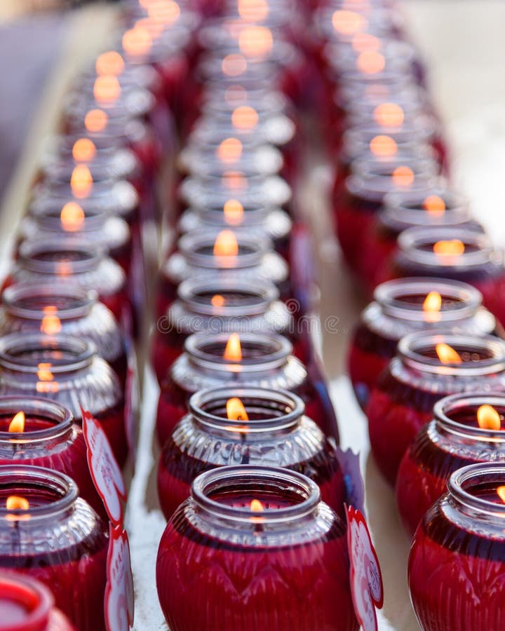 Several Rows of Red Buddhist Prayer Candle Stock Photo Image of fire