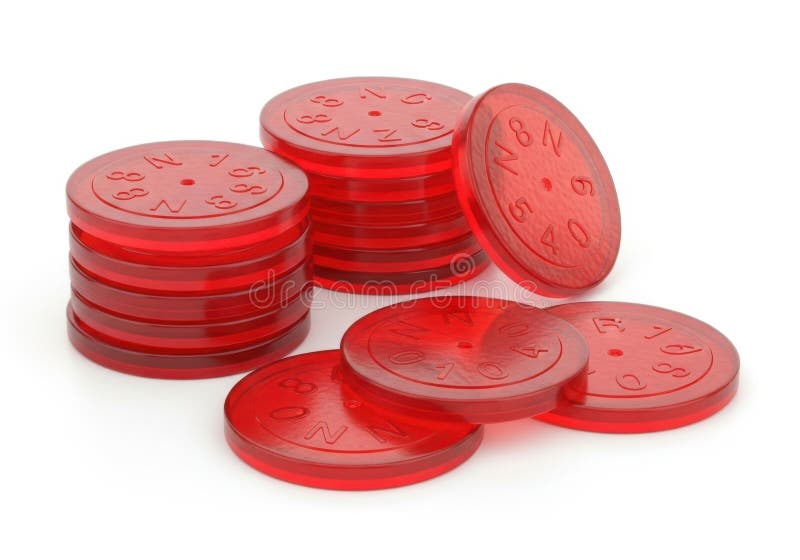 Several stacks of translucent red checkers or game pieces isolated on white background stock illustration