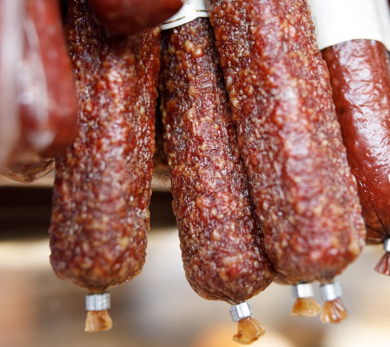 Several sticks of smoked sausage. royalty free stock photo