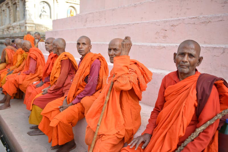 Several unidentified Buddhist monks gather to celebrate Buddha Jayanti at Mahabodhi temple Bodh Gaya