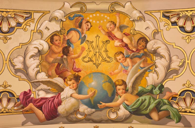 Seville - The fresco angels and the monogram of Virgin Mary on the ceiling in church Basilica de la Macarena stock image Seville - The fresco angels and the monogram of Virgin Mary on the ceiling in church Basilica de la Macarena stock image