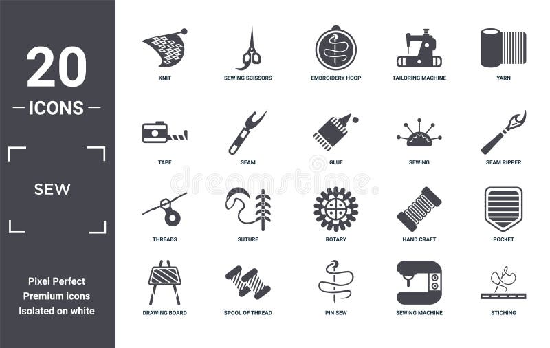 Sew icon set. include creative elements as knit, yarn, sewing, rotary, spool of thread, threads filled icons can be used for web royalty free illustration