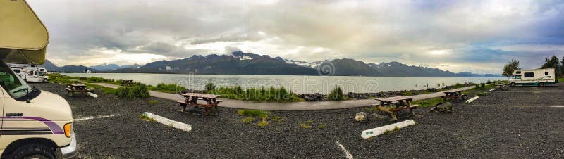 Seward Alaska - Kigluaik Mountains. Seward, Alaska, USA - Sept. 8, 2016: Spectacular RV camping spot in Seward, Alaska overlooking Resurrection Bay and the royalty free stock photo Seward Alaska - Kigluaik Mountains. Seward, Alaska, USA - Sept. 8, 2016: Spectacular RV camping spot in Seward, Alaska overlooking Resurrection Bay and the royalty free stock photo
