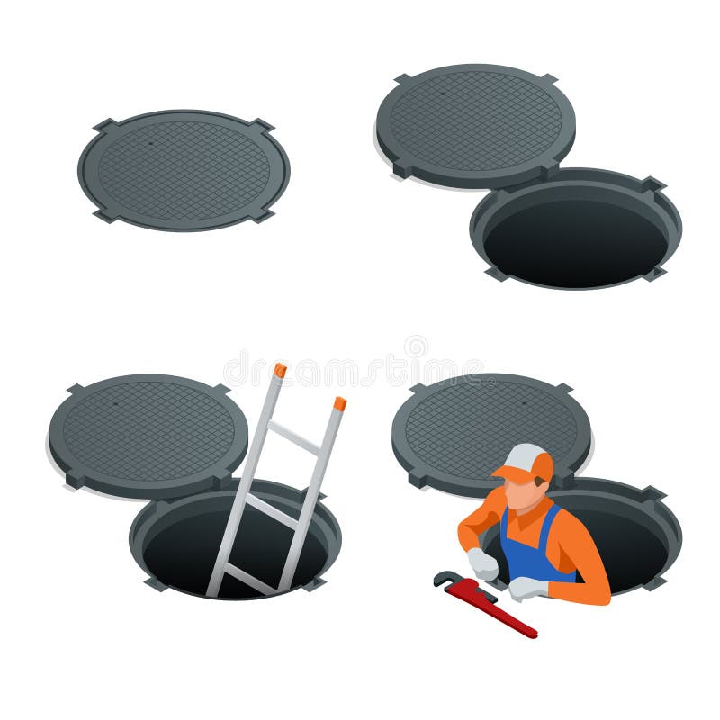 Sewer hatch Open and closed. Manhole cover, road hatch Vector illustration construction under a road. Vector