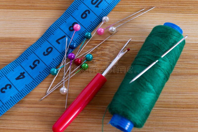 Sewing Accessories on Wooden Table Stock Photo Image of button
