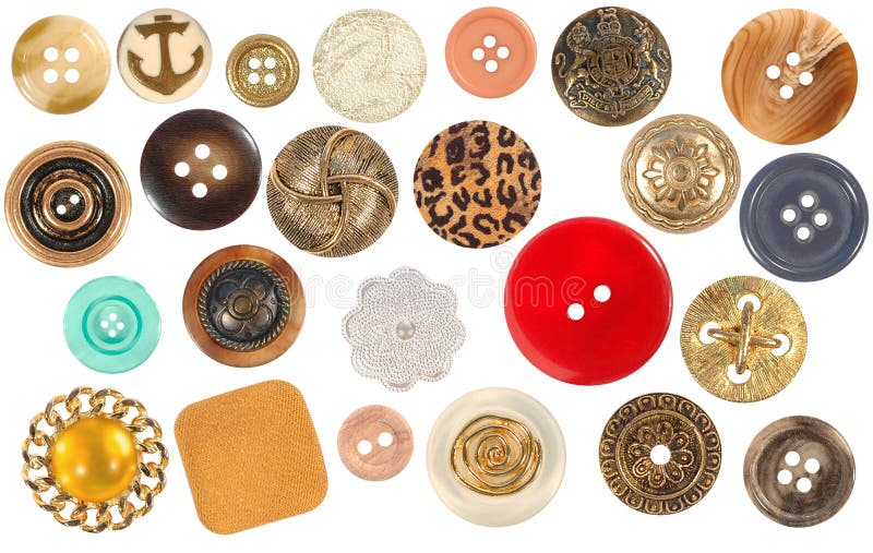 Multiple Colorful Unique Sewing Buttons Isolated on White.