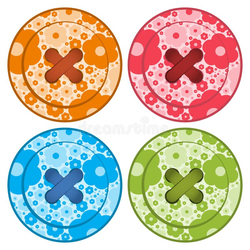 Sewing buttons set vector red orange, blue and green colors with floral background and sewing thread