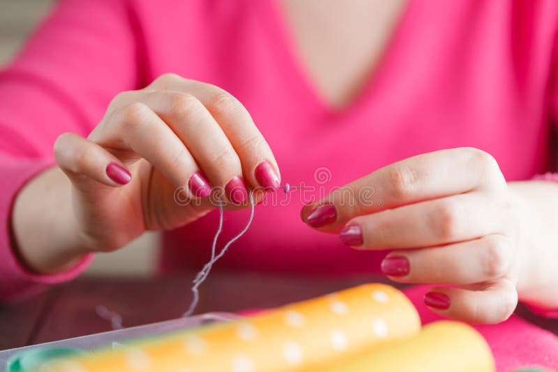 Sewing Craft Needle Textile Thread in Human Finger Stock Photo Image
